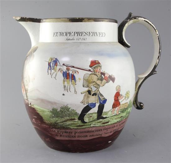 A large Staffordshire Europe Preserved pearlware jug, possibly made for the Russian market, c.1812 30cm, faults